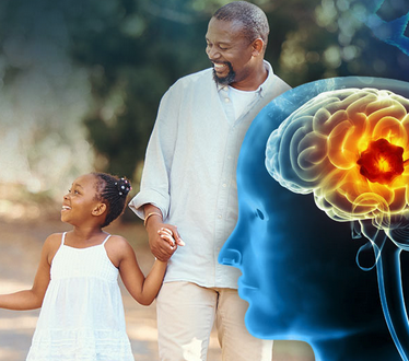 Graphic shows a brain tumor while a man walks with daughter holding hands